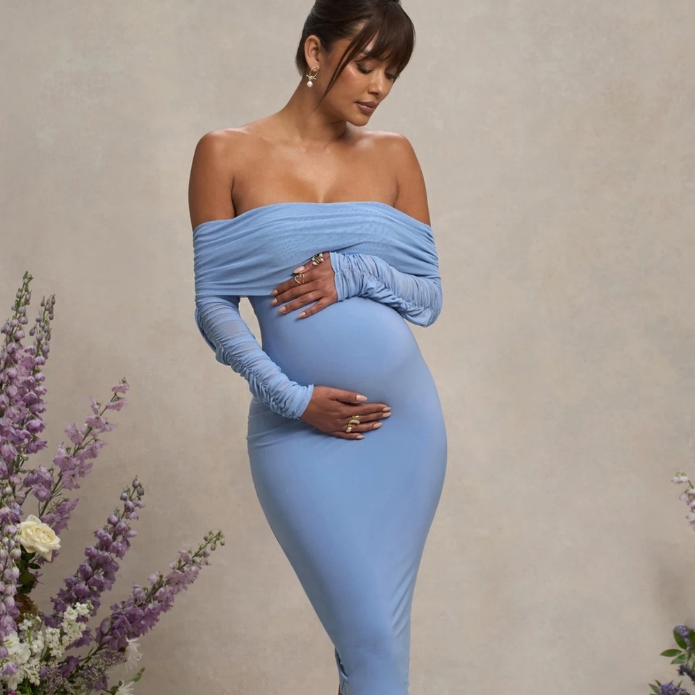 Club L London Blue Ruched Off-Shoulder Long Sleeve Dress